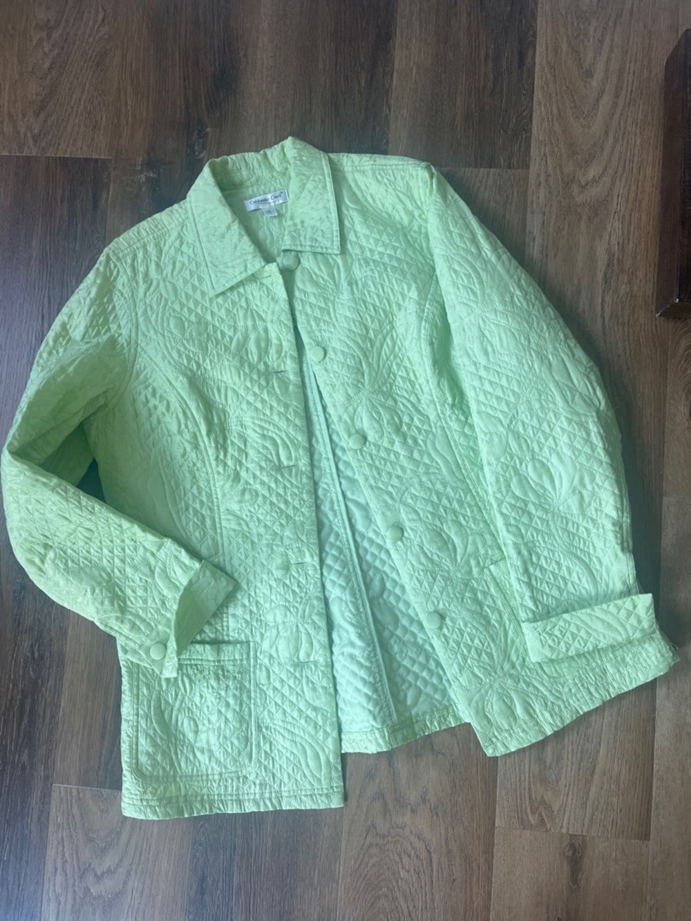 Coldwater Creek Lime green Silk Lightweight Quilted Button Up Jacket Pockets Lg